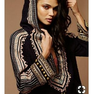 Free People Black Woven Gold Embroidered Hoodie